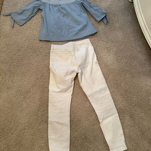 LOFT White High-Rise Skinny Jeans with Light Blue Top Accent
